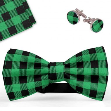 Set papion barbati, batista, butoni, verde-negru, carouri
